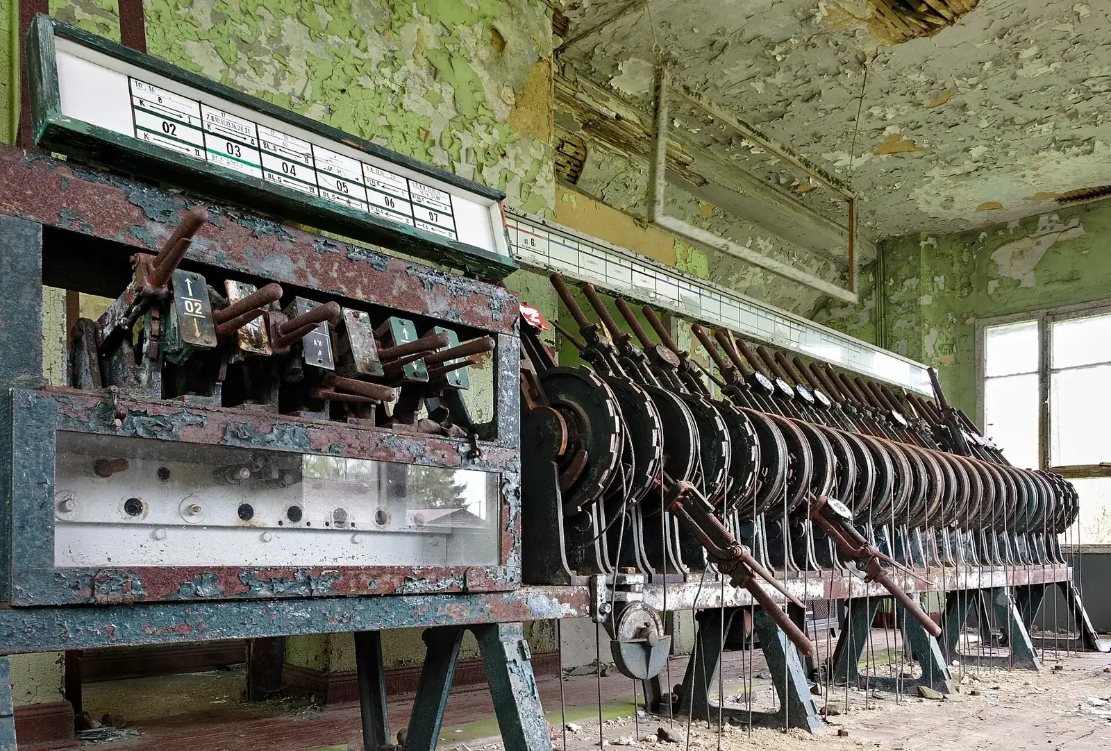 The lever frame of a railway signal box