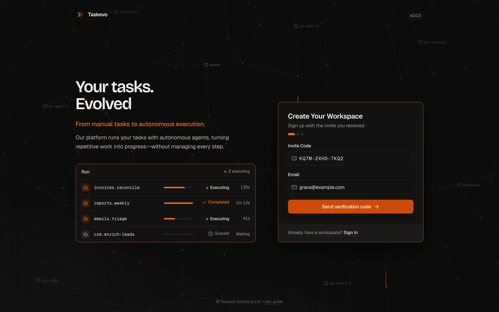Sign-up step 1: Invite Code and Email fields with a Send verification code button