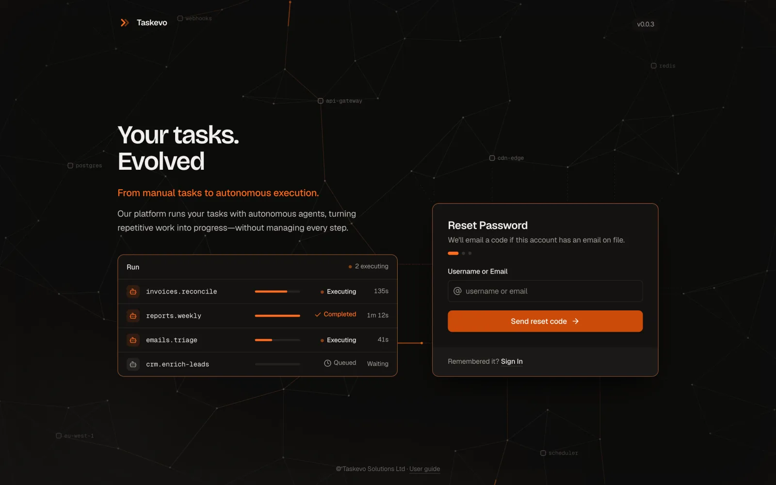 Reset Password: the Username or Email field and Send reset code