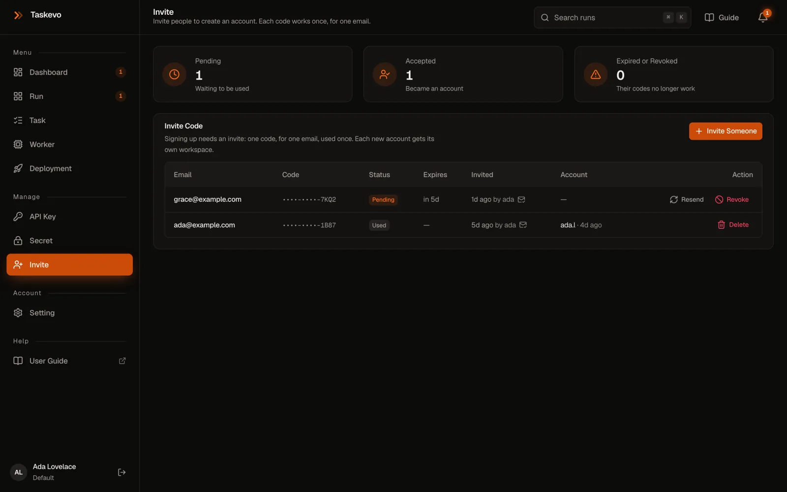 The Invite page listing a pending and a used invite