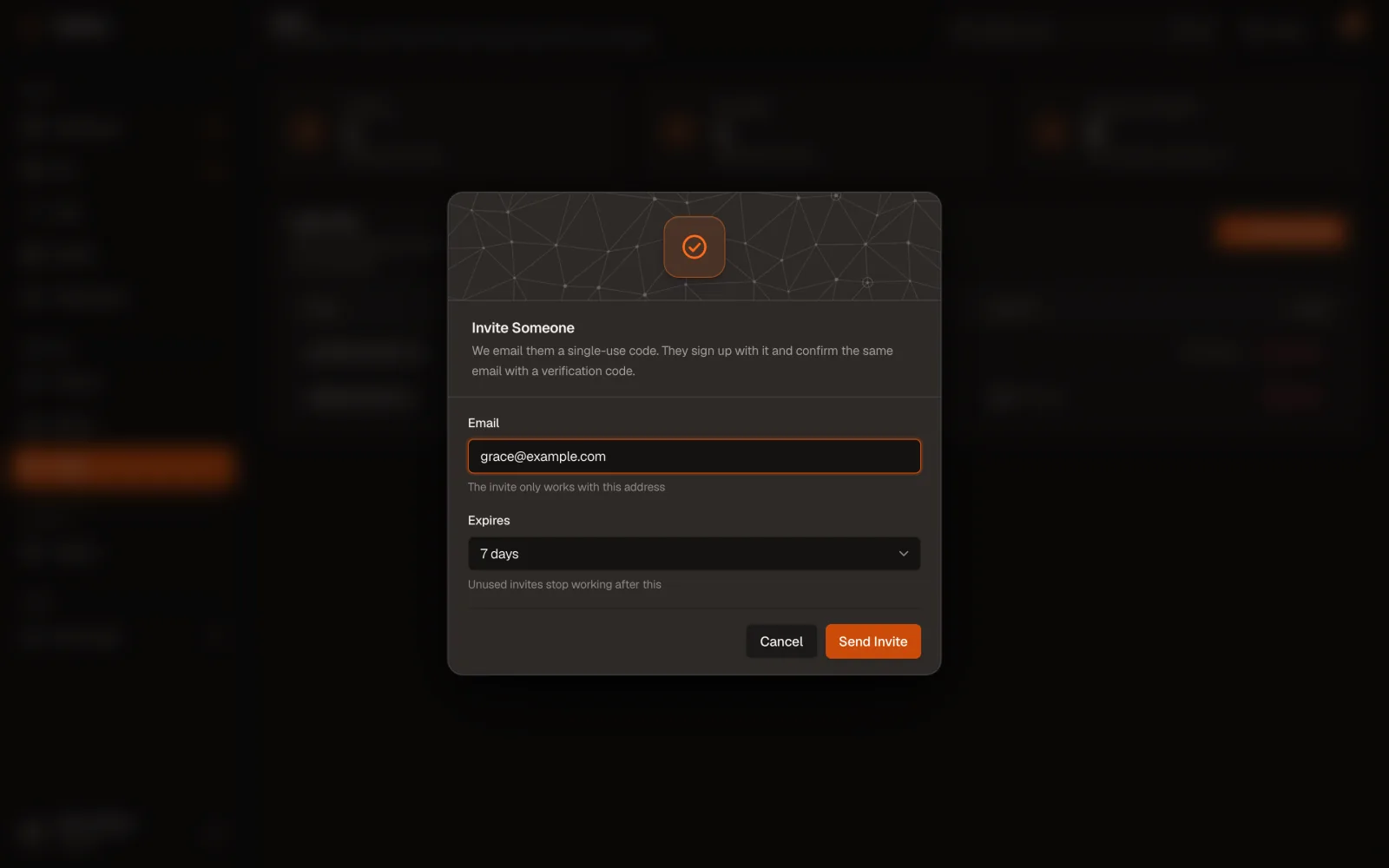 Invite Someone dialog with Email and Expires