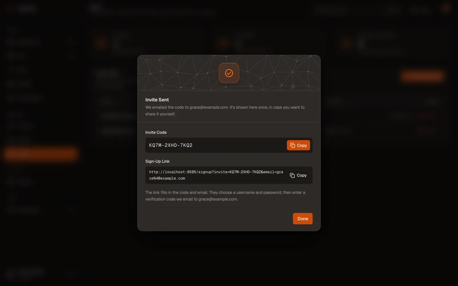 Invite Sent dialog with the invite code and sign-up link, each with a Copy button