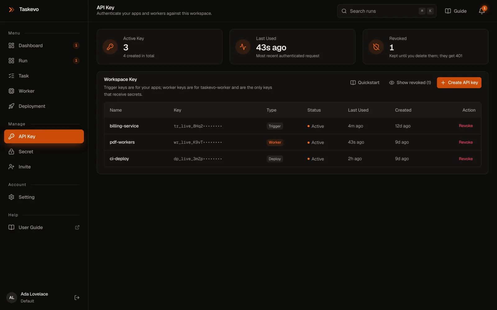 The API Key page listing keys with their type, last use and Revoke