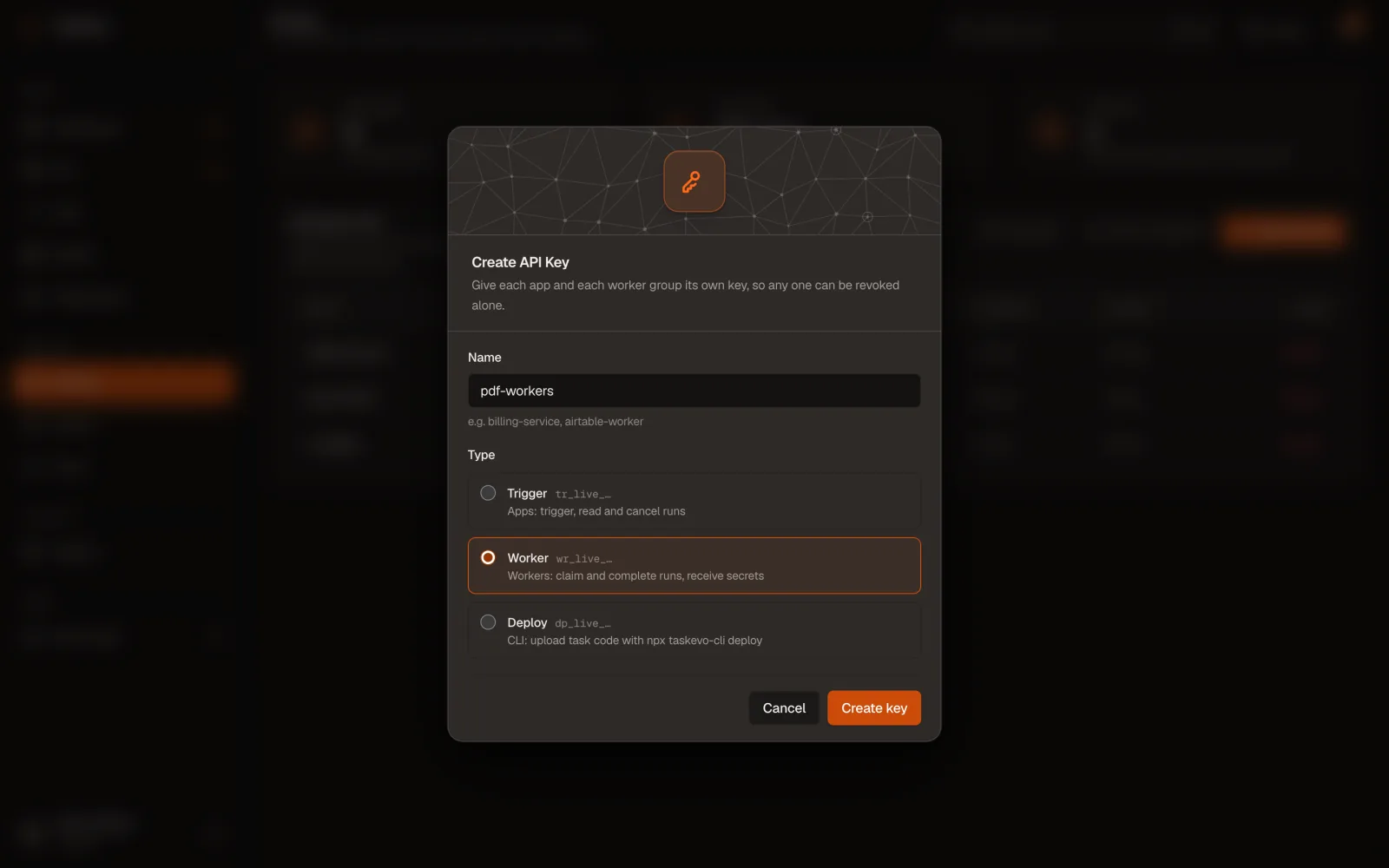 Create API Key dialog with Name and the Trigger, Worker and Deploy types