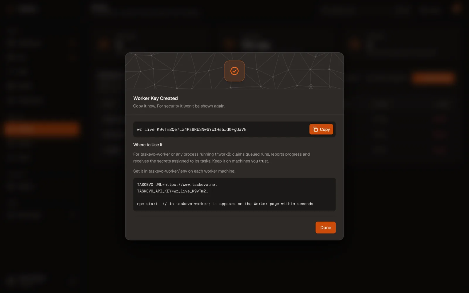 Worker Key Created dialog: the key shown once with Copy, and where to use it