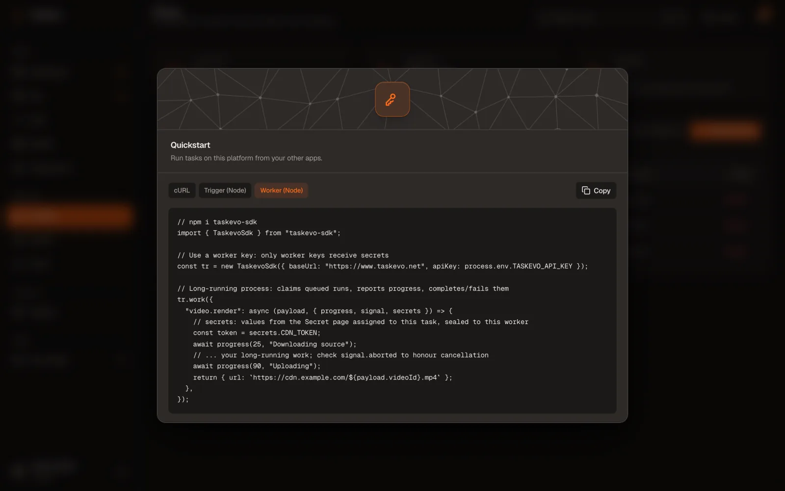 Quickstart dialog with the Worker (Node) example