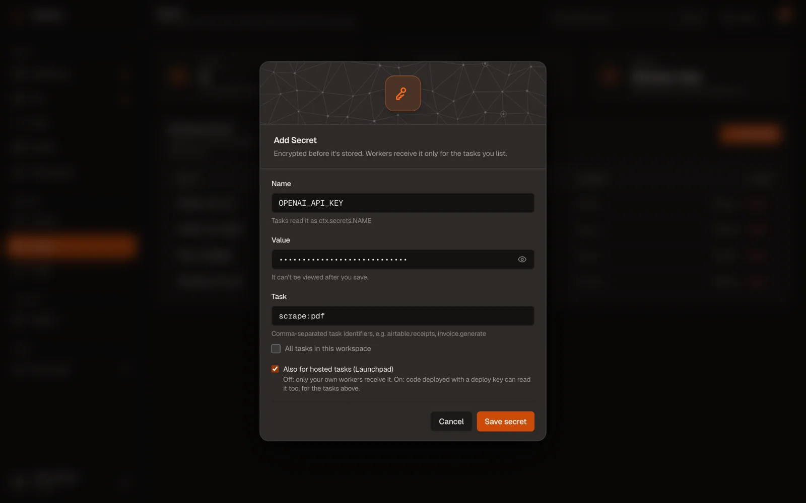 Add Secret dialog: Name, Value, Task and the Also for hosted tasks checkbox