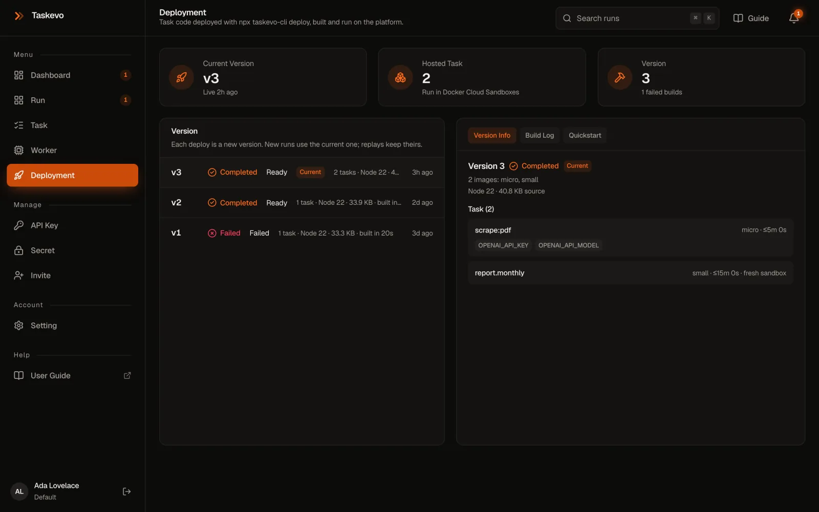 The Deployment page: versions v3 (current), v2 and v1 (failed) with version details
