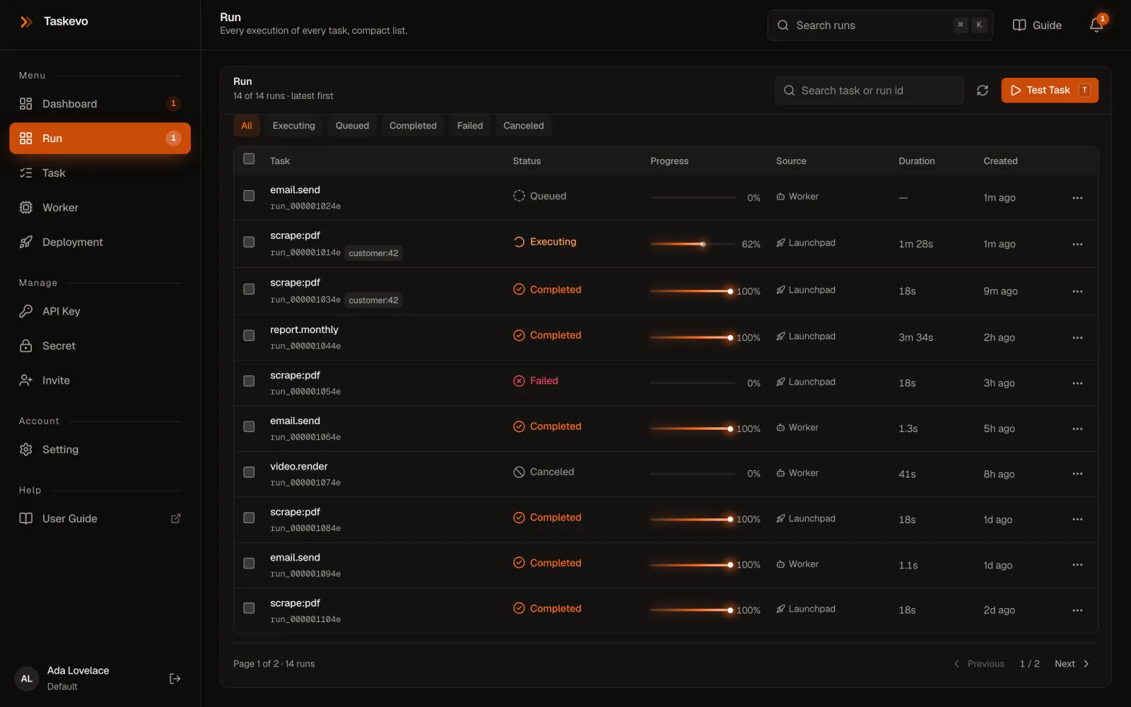 The Run page: runs with status, progress, source and duration