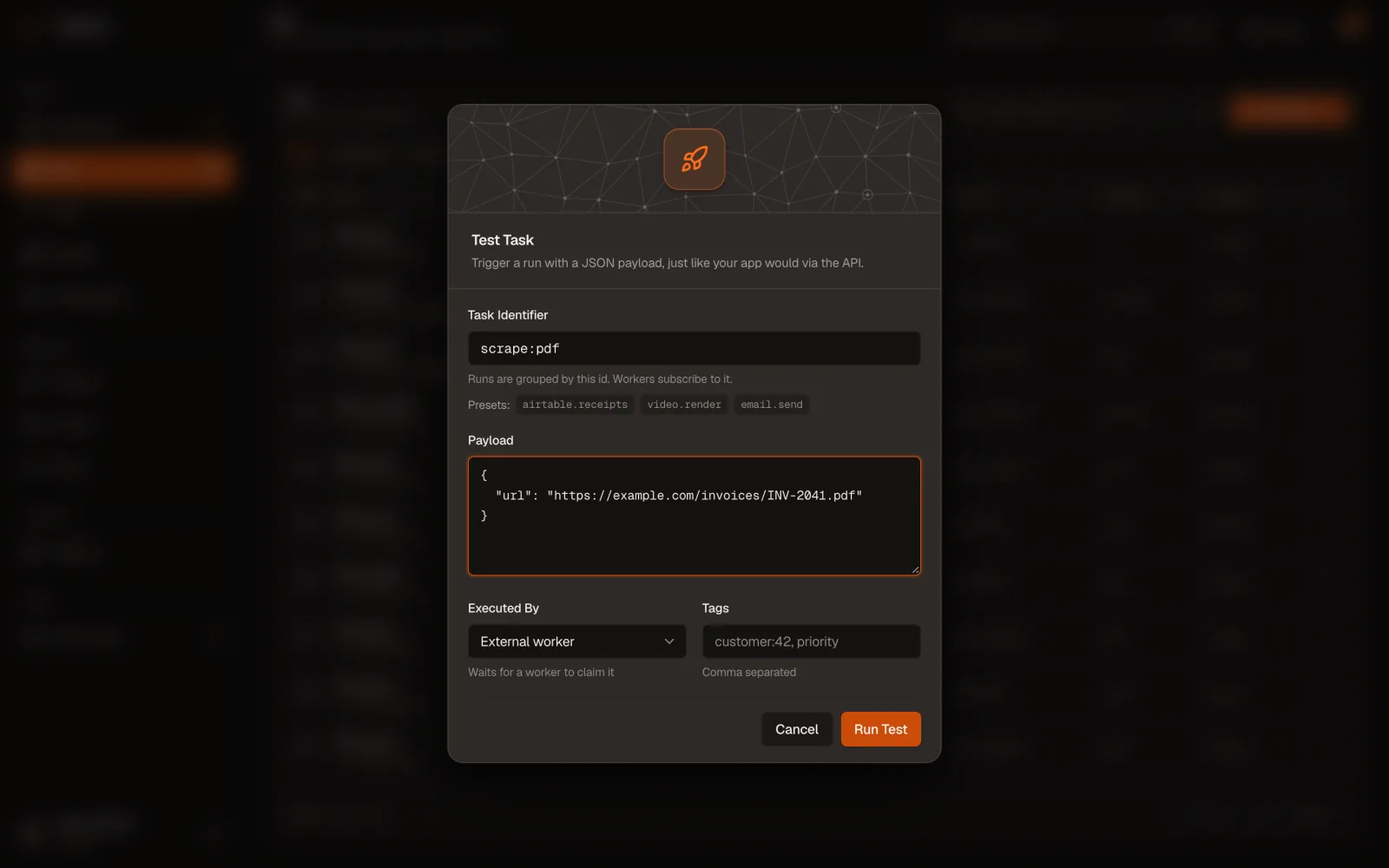 Test Task dialog with Task Identifier, Payload and Executed By